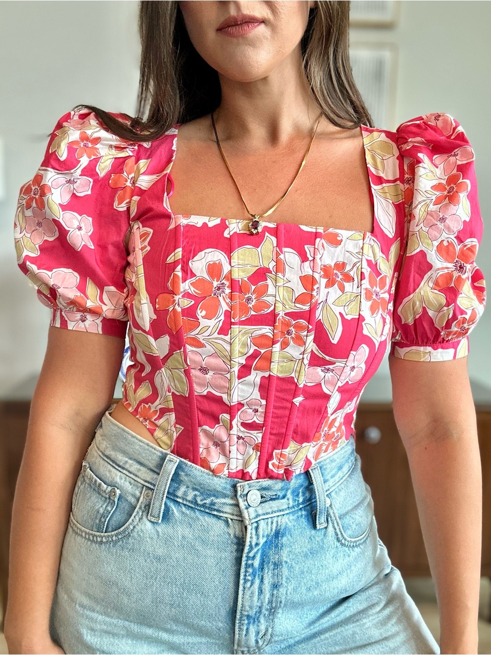Blue B Collection Floral Puff Sleeve Smocked Back Blouse Top Pink Orange Small N